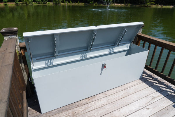 Heavy-Duty Aluminum Dock Storage Box – 79" x 26" x 20", 112 lbs, Rod Holder Equipped