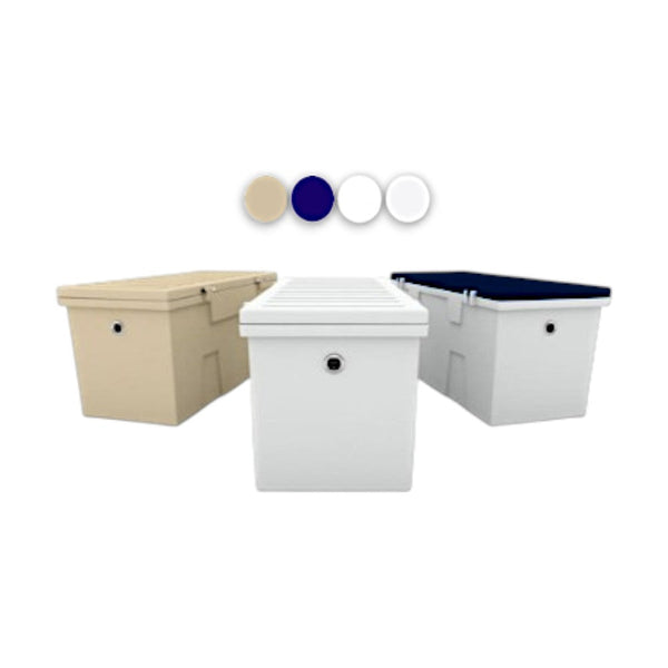 LARGE TitanSTOR Roto-molded Dock Boxes, 24"W x 27"H x 86"L (White Box, Blue Top)